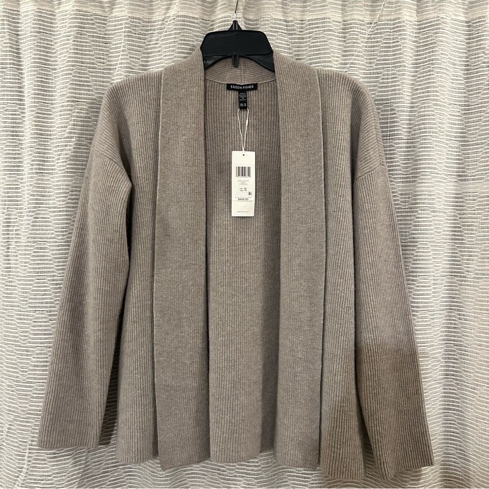 Eileen Fisher Italian cashmere high collar cardigan in “Dove”